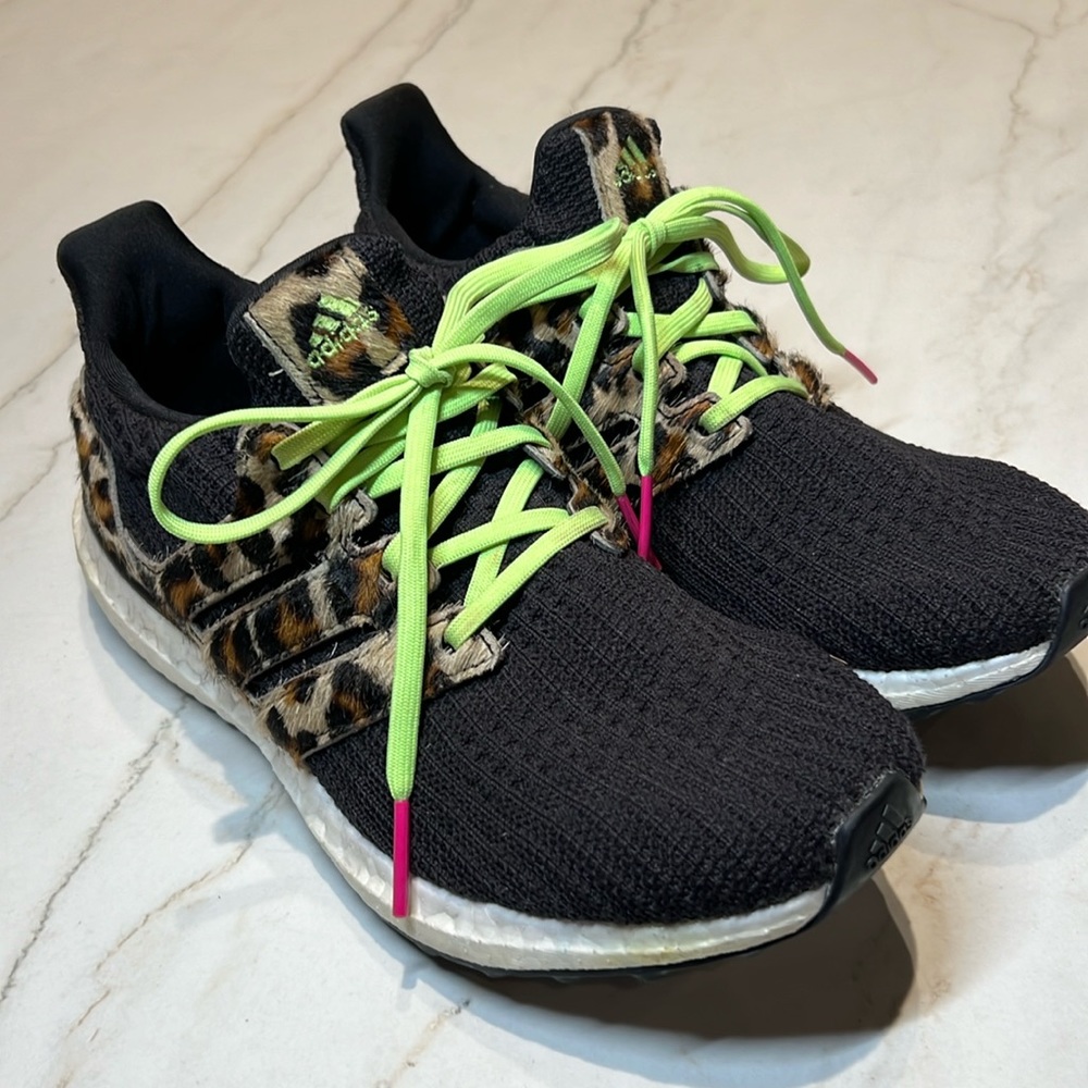 Adidas Ultra Boost Cheetah Pony Hair with Neon Shoestrings. Size 6.5